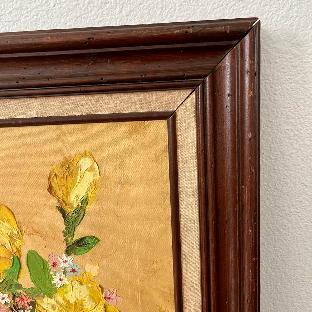 Vintage Original Oil Painting of Yellow Flowers In Vase by Andy 15/26 Framed - Picture 6 of 15